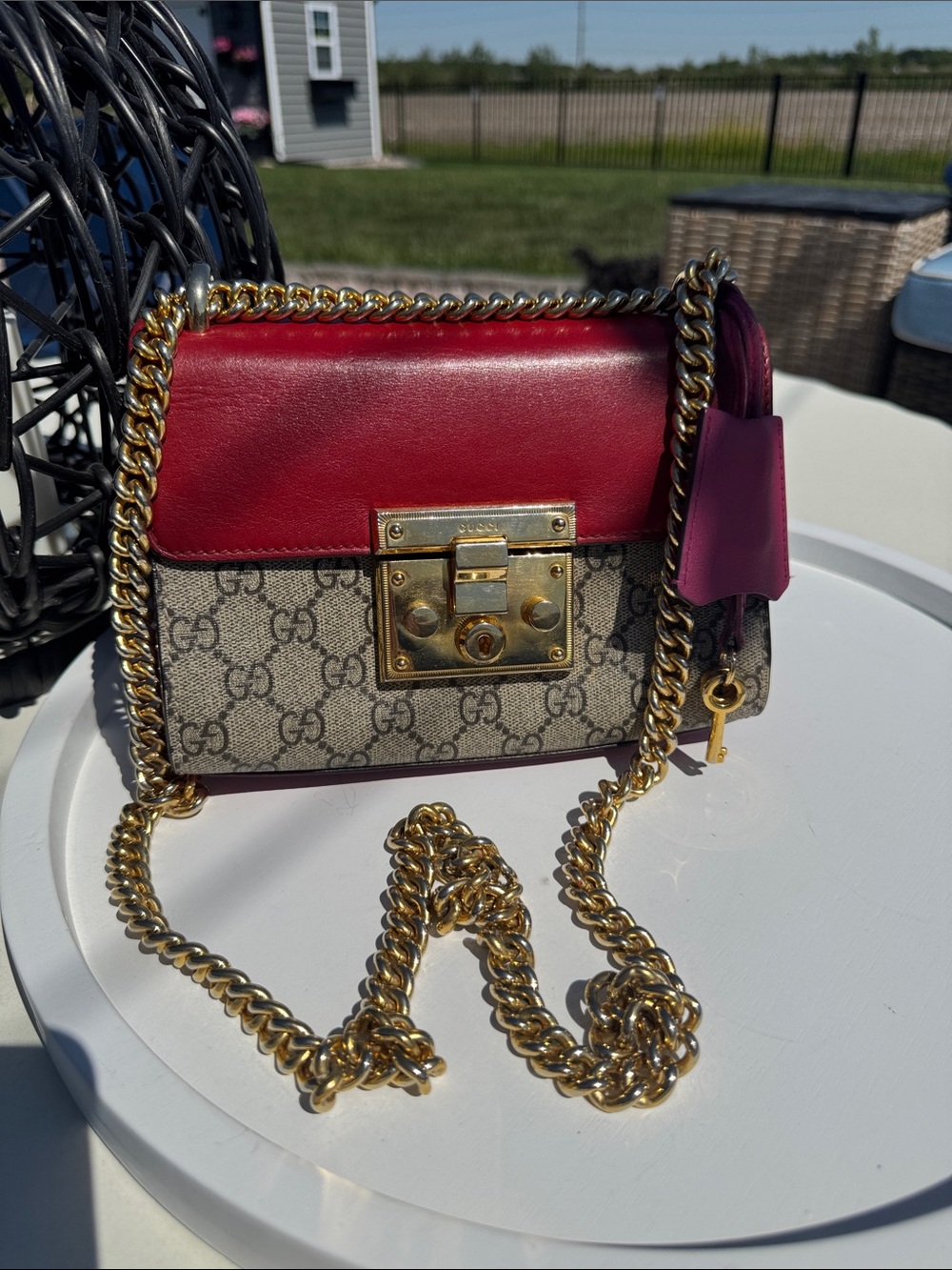 Gucci Red Leather & GG Canvas Crossbody with Gold Chain